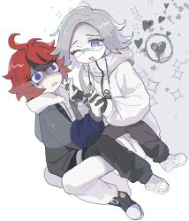 2boys ahoge aotsuki_eito black_shoes blue_eyes drawstring full_body glasses grey_hair grey_jacket grey_pants heart highres holding_hands hood hooded_jacket hoodie interlocked_fingers jacket male_focus multicolored_hair multiple_boys one_eye_closed ooyio open_clothes open_jacket pants red_hair shoes short_hair sitting sitting_on_lap sitting_on_person smile sparkle spoken_heart streaked_hair sumino_takumi sweat the_hundred_line_-last_defense_academy- thigh_strap white_hoodie white_jacket white_pants white_shoes yaoi
