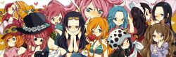 Rule 34 | 6+girls, arm tattoo, baby 5, bikini, bikini top only, black hair, blonde hair, blue eyes, blue hair, blunt bangs, boa hancock, brown hair, charlotte pudding, cloak, commentary request, earrings, eating, eyewear on head, flower, food, genderswap, genderswap (mtf), giant, giantess, goggles, goggles on headwear, hat, hat flower, highres, jewelry, jewelry bonney, koala (one piece), law-chan, long hair, looking at viewer, maid headdress, mansherry, mini person, minigirl, multiple girls, nami (one piece), nami (one piece) (return to sabaody), nefertari vivi, nico robin, nico robin (dressrosa), noise pp, one eye closed, one piece, orange hair, perona, pink hair, pizza, rebecca (one piece), rose, shirahoshi, short hair, swept bangs, swimsuit, tattoo, trafalgar law, white flower, white rose