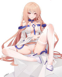 Rule 34 | 1girl, artist name, bare shoulders, blonde hair, blush, breasts, chest tattoo, chinese commentary, cleavage, clothes lift, commission, copyright request, dress, dress lift, full body, hair between eyes, high heels, highres, impossible clothes, impossible dress, long hair, looking at viewer, medium breasts, off-shoulder dress, off shoulder, panties, pixiv commission, red eyes, see-through clothes, see-through panties, signature, simple background, sitting, smile, solo, tattoo, thighhighs, underwear, very long hair, white background, white panties, white thighhighs, xnnagu