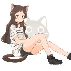 1girl animal_ear_fluff animal_ears black_collar black_shoes black_shorts blush brown_eyes brown_hair cat_ears cat_tail closed_mouth collar commentary expressionless full_body highres hutaba idolmaster idolmaster_million_live! kemonomimi_mode kitazawa_shiho long_hair looking_at_viewer shirt shoes short_sleeves shorts simple_background sitting sneakers solo striped_clothes striped_shirt tail white_background white_shirt