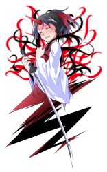 1girl black_hair blush closed_eyes commentary_request dairi full_body ghost_tail hair_ribbon holding holding_sword holding_weapon horns japanese_clothes katana kimono konngara_(touhou) large_variant_set long_sleeves open_mouth ponytail red_horns red_kimono red_ribbon ribbon sash short_hair simple_background single_horn solo sword tachi-e tearing_up touhou touhou_(pc-98) transparent_background variant_set weapon white_sash white_sleeves wide_sleeves