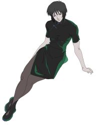 1girl aizheajsee black_gloves black_hair black_thighhighs china_dress chinese_clothes closed_eyes coat dress fingerless_gloves full_body ghost_in_the_shell gloves highres kusanagi_motoko medium_hair short_sleeves sitting solo thighhighs white_background