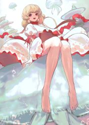 1girl absurdres bare_legs barefoot blonde_hair breasts bubble collared_dress commentary dress dutch_angle ebisu_eika eyebrows_hidden_by_hair floating_clothes floating_hair frilled_dress frills from_below full_body highres jellyfish long_earlobes long_hair looking_at_viewer mizuki_0630 open_mouth puffy_short_sleeves puffy_sleeves rock short_sleeves sitting sitting_on_animal smile solo touhou
