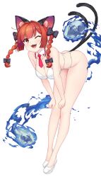 Rule 34 | 1girl, animal ears, bent over, bikini, black bow, blush, bow, braid, breasts, brown eyes, cat ears, cat girl, cat tail, cleavage, detached collar, hair bow, hataraki kuma, highres, kaenbyou rin, large breasts, long hair, looking at viewer, multiple tails, necktie, one eye closed, open mouth, orange hair, red necktie, short necktie, simple background, smile, solo, swimsuit, tail, touhou, twin braids, white background, white bikini