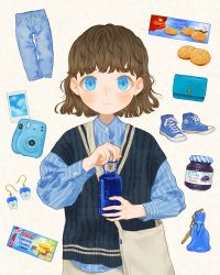 1girl bag black_hair blue_eyes blue_shirt blue_theme blush bottle camera closed_mouth cookie denim earrings female_focus food german_flag german_text highres jam jar jeans jewelry charm_(object) looking_at_viewer original pants shirt shoes shoulder_bag solo striped_clothes striped_shirt sumika_inagaki sweater_vest tea