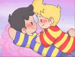 bad_tag black_hair blonde_hair child hat lovemysockhead12 lucas_(mother_3) lying mother_(series) mother_2 mother_3 ness_(mother_2) nintendo red_hat shirt shota striped_clothes striped_shirt super_smash_bros. yaoi