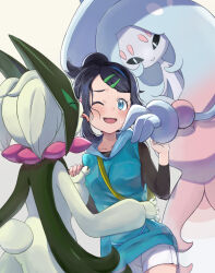 Rule 34 | 1girl, ;d, affectionate, between breasts, black hair, black shirt, blue eyes, blush, breasts, commentary request, eyelashes, gen 8 pokemon, hair bun, hair ornament, hairclip, hatterene, highres, holding hands, hood, hooded vest, hoodie, kurineme, licking, licking another&#039;s face, liko (pokemon), meowscarada, nintendo, one eye closed, open mouth, pokemon, pokemon (anime), pokemon (creature), pokemon horizons, shirt, shorts, smile, strap between breasts, sweatdrop, swept bangs, vest, white shorts, yellow bag