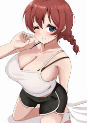 1girl aqua_eyes bare_arms bed_sheet black_bra black_shorts blush bra bra_strap braid breasts brown_hair camisole cleavage closed_mouth emma_verde freckles hair_between_eyes heart heart-shaped_pupils highres kneeling large_breasts long_hair looking_at_viewer love_live! love_live!_nijigasaki_high_school_idol_club open_mouth pisagi sheet_grab shorts sideboob simple_background smile solo symbol-shaped_pupils twin_braids underwear white_background white_camisole