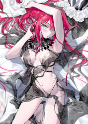 1girl :o arms_up baobhan_sith_(fate) baobhan_sith_(swimsuit_pretender)_(third_ascension)_(fate) barefoot bikini blush breasts covered_erect_nipples covered_navel fate/grand_order fate_(series) grey_eyes highres kousaki_rui long_hair looking_at_viewer loose_bikini lying on_back open_mouth pink_hair pointy_ears sidelocks solo swimsuit tapestry white_bikini
