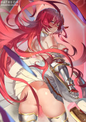 1girl armor armored_dress ass bad_id bad_pixiv_id bare_shoulders blue_eyes blush boots breasts butt_crack closed_mouth club3 convenient_censoring dress female_focus gauntlets gloves godsworn_alexiel granblue_fantasy hair_between_eyes hair_ornament large_breasts long_hair looking_at_viewer looking_back no_panties pleated_skirt red_hair shards skirt solo sword thigh_boots thighhighs thighs very_long_hair weapon white_skirt wind wind_lift