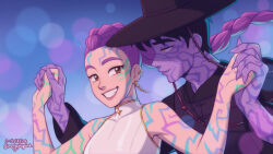 Rule 34 | 1boy, 1girl, artist name, black hair, blue background, braid, brown eyes, commentary, dated, english commentary, facial mark, fingernails, gat (hat), grin, hat, hetero, holding hands, howl and sophie airwalking, howl no ugoku shiro, jinu (kpop demon hunters), korean clothes, kpop demon hunters, long hair, marycrispies, purple hair, rumi (kpop demon hunters), sharp fingernails, short hair, single braid, smile, upper body, yellow eyes