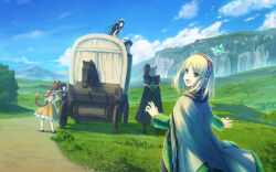 2boys 5girls :d animal_ears apron black_dress black_hair blonde_hair blue_sky brown_hair cape cayna_(leadale_no_daichi_nite) character_request child dress earrings elf fairy flying from_behind grass green_eyes green_hair hairband horns jewelry kuu_(leadale_no_daichi_nite) leadale_no_daichi_nite long_hair looking_at_viewer maid maid_apron maid_headdress medium_hair mini_person minigirl mountain mountainous_horizon multiple_boys multiple_girls official_art open_mouth opus_(leadale_no_daichi_nite) outdoors parted_bangs pointy_ears roxilius_(leadale_no_daichi_nite) roxine_(leadale_no_daichi_nite) siren_(leadale_no_daichi_nite) sitting sitting_on_shoulder sky smile standing tenmaso white_hair yellow_dress
