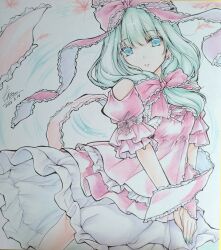1girl absurdres adapted_costume bow clothing_cutout commentary_request dated dress falling_leaves frilled_bow frilled_ribbon frills green_eyes green_hair green_nails hair_bow highres kagiyama_hina leaf long_hair looking_at_viewer monety red_bow red_dress ribbon shikishi short_sleeves shoulder_cutout signature solo touhou traditional_media wrist_ribbon