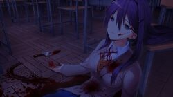 Rule 34 | 1girl, arms at sides, blazer, blood, blood on body, blood on clothes, blood on face, blood on ground, blood on hands, blood splatter, blood stain, blood trail, bloody knife, blue skirt, breasts, brown jacket, brown sweater vest, button gap, buttons, classroom, collared shirt, corpse, dark, death, desk, doki doki literature club, doki doki literature club school uniform, dot nose, double-parted bangs, dress shirt, empty eyes, eyebrows hidden by hair, fallen down, fingernails, game cg, grey jacket, hair between eyes, hair intakes, hair ornament, hairclip, half-closed eyes, highres, horror (theme), impossible clothes, indoors, injury, jacket, knife, large breasts, leaning back, leaning on object, light smile, long eyelashes, long hair, long sidelocks, long sleeves, neck ribbon, night, non-web source, official art, on floor, open hands, parted lips, pleated skirt, pool of blood, purple eyes, purple hair, raised inner eyebrows, red ribbon, ribbon, satchely, school, school desk, school uniform, self-harm, shirt, sidelocks, sitting, skirt, smile, solo, spoilers, stab, suicide, sweater vest, teeth, thick eyelashes, upper body, variant set, very long hair, wing collar, wooden chair, wooden desk, wooden floor, yuri (doki doki literature club)