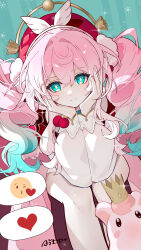 1girl absurdres ai_dongdong aqua_hair beret closed_mouth dress emoji gradient_hair hair_between_eyes hat heart highres honkai:_star_rail honkai_(series) hyacine_(honkai:_star_rail) little_ica_(honkai:_star_rail) long_sleeves medium_hair multicolored_hair pantyhose pink_hair red_dress red_hat signature sitting smile solo twintails white_pantyhose