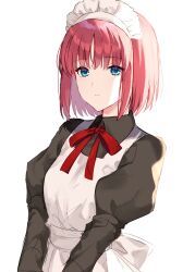1girl apron black_dress blue_eyes closed_mouth commentary_request dress highres hisui_(tsukihime) juliet_sleeves long_sleeves looking_at_viewer maid maid_apron maid_headdress neck_ribbon puffy_sleeves red_hair red_ribbon ribbon sakura_(tariliko) simple_background solo tsukihime white_apron white_background