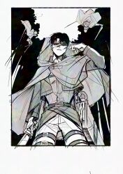 Rule 34 | 1boy, black hair, border, cloak, cowboy shot, cropped jacket, forest, greyscale, highres, holding, holding weapon, hood, hooded cloak, levi (shingeki no kyojin), looking at viewer, male focus, monochrome, nature, nul, pants, parted bangs, parted lips, shingeki no kyojin, short hair, sketch, three-dimensional maneuver gear, weapon, white border, white pants