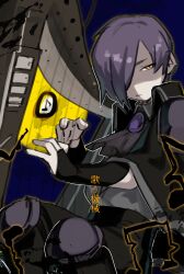 1boy black_bridal_gauntlets black_pants black_shirt blue_background bridal_gauntlets collared_shirt harmony_(e.g.o) harp highres instrument library_of_ruina long_sleeves looking_at_viewer male_focus musical_note one_eye_covered pants project_moon purple_brooch purple_hair shirt short_hair simple_background sitting solo sutek1na_game upper_body white_shirt yellow_eyes yesod_(project_moon)