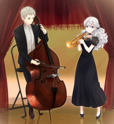 1boy 1girl black_dress black_suit bow_(music) cello curtains dress flower flower_ornament formal_clothes full_body fuyusaka_iori grey_eyes hair_flower hair_ornament holding holding_bow_(music) holding_instrument holding_trumpet indoors instrument juliet_sleeves juusan_kihei_bouei_ken long_hair long_sleeves music playing_instrument puffy_short_sleeves puffy_sleeves sekigahara_ei shirt short_hair short_sleeves smile stage stage_curtains suit trumpet wacopeco wavy_hair white_flower white_hair white_shirt