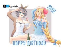 2girls aqualeb blonde_hair blue_eyes blush date_a_live honjou_nia hoshimiya_mukuro long_hair multiple_girls ribbon short_hair smile white_hair