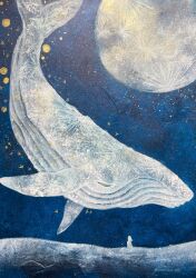 1other abstract animal animal_focus blue_background floating full_moon good_night_1077 highres moon no_lineart original painterly size_difference star_(sky) star_(symbol) surreal traditional_media twitter_username whale yellow_eyes