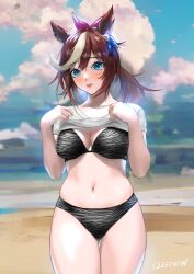 1225chew 1girl animal_ears artist_name bikini black_bikini blue_eyes blue_sky blush bow breasts brown_hair cleavage clothes_lift commentary cowboy_shot day english_commentary hair_bow highres horse_ears horse_girl long_hair looking_at_viewer medium_breasts multicolored_hair navel outdoors parted_lips purple_bow shirt shirt_lift sky solo streaked_hair striped_bikini striped_clothes swimsuit tokai_teio_(umamusume) umamusume white_hair white_shirt