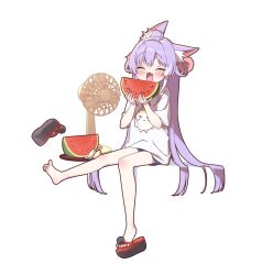 1girl animal_ear_fluff animal_ears antenna_hair baggy_clothes electric_fan fang food fox_ears fox_girl fruit hair_ornament hair_rings highres holding holding_food holding_fruit holding_watermelon long_hair multicolored_hair nyancul open_mouth pom_pom_(clothes) pom_pom_hair_ornament purple_hair shirt shorts simple_background solo stellive streaked_hair summer tenko_shibuki very_long_hair virtual_youtuber watermelon watermelon_slice white_background white_shirt