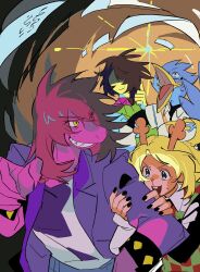 1boy 1other 2girls beak berdly_(deltarune) black_nails blonde_hair brown_hair colored_skin deer_girl deltarune furry furry_female grabbing_another&#039;s_arm grin highres jacket kris_(deltarune) medium_hair multiple_girls noelle_holiday open_mouth pink_skin purple_jacket red_hair sketch smile susie_(deltarune) thumbs_up yaksa_del yellow_eyes