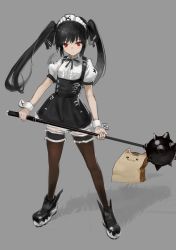 1girl :3 absurdres animal_ears bag black_dress black_footwear black_hair black_ribbon black_thighhighs breasts cat_ears closed_mouth dress expressionless full_body grass grey_background hara_shoutarou highres holding holding_weapon kooh legband long_hair looking_at_viewer mace maid_headdress neck_ribbon pangya paper_bag polearm puffy_short_sleeves puffy_sleeves red_eyes ribbon shadow short_sleeves simple_background small_breasts solo spiked_mace spikes standing thighhighs twintails weapon wrist_cuffs