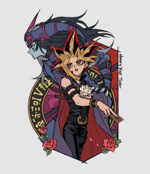 2boys absurdres arm_strap armor behind_another between_fingers black_hair black_pants black_shirt black_wrist_cuffs blue_armor blue_helmet cape card card_between_fingers character_name colored_bangs colored_tips duel_monster facial_mark facing_to_the_side fake_horns flower helmet highres holding holding_card holding_flower horned_headwear horned_helmet horns looking_to_the_side magic_circle magician_of_black_chaos male_focus multicolored_hair multiple_boys muto_yugi open_mouth outstretched_arm pants popped_collar purple_cape red_eyes red_flower red_rose rose saka_nagiya shirt sleeveless sleeveless_shirt spiked_hair white_background white_flower white_rose wind wrist_cuffs yu-gi-oh! yu-gi-oh!_the_duelists_of_the_roses