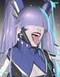 1girl black_nails breasts cleavage collar covered_eyes hair_ornament hair_over_eyes highres long_hair magik_(punkchild)_(x-men) magik_(x-men) marvel marvel_rivals neozumi official_alternate_costume open_mouth punk purple_hair smile solo spikes teeth tongue tongue_out twintails x-men
