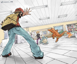 3boys absurdres amanonon backpack bag black_shirt blue_oak blue_pants blue_sky book bookshelf brown_hair brown_pants bulletin_board ceiling ceiling_light charmander clenched_hands closed_mouth cloud collared_shirt day denim ditto fanny_pack fire flame-tipped_tail from_behind full_body gen_1_pokemon grandfather_and_grandson grey_bag grey_hair hat highres indoors jacket jeans lab_coat multiple_boys nintendo open_clothes open_jacket pants poke_ball poke_ball_(basic) pokemon pokemon_battle pokemon_frlg purple_pants purple_shirt red_(pokemon) red_hat samuel_oak shirt shoes short_hair short_sleeves sky smile spiked_hair squirtle standing table tail tree white_jacket window yellow_bag