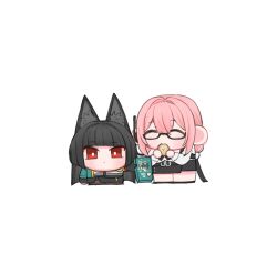 2girls animal_ear_fluff animal_ears black_hair blunt_bangs chibi closed_eyes eating fox_ears fox_girl full_body glasses hair_between_eyes hoshimi_miyabi long_hair looking_at_viewer multiple_girls pink_hair red_eyes sidelocks simple_background standing tsukishiro_yanagi white_background zenless_zone_zero zhuyuan_mom