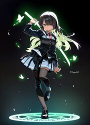1girl absurdres arm_up black_background black_jacket black_shoes black_thighhighs blue_skirt blush breasts brown_hair bug butterfly buttons closed_mouth colored_inner_hair full_body glowing glowing_butterfly glowing_sword glowing_weapon green_eyes green_hair hair_over_one_eye hepari highres holding holding_sword holding_weapon insect jacket katana leg_up light_particles long_hair long_sleeves looking_to_the_side magic magic_circle multicolored_hair necktie original red_necktie shirt shoes simple_background skirt small_breasts solo standing sword thighhighs twitter_username two-tone_hair weapon white_shirt