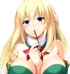1girl arm_between_breasts between_breasts blonde_hair blue_eyes blush braid breasts cleavage doria_(p_f_dolia) female_focus french_braid hair_between_eyes large_breasts long_hair looking_at_viewer neptune_(series) sidelocks simple_background smile solo upper_body vert_(neptunia) white_background