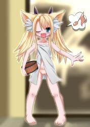 1girl animal_ears bath bow cleft_of_venus emil_chronicle_online fang flat_chest fox_ears green_eyes hair_bow highres holding keys_shrine loli long_hair mitama_mei musical_note naked_towel one_eye_closed open_mouth pussy spoken_musical_note standing towel