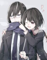 1boy 1girl ;d alternate_costume black_hair black_jacket blue_scarf bright_pupils cheek_poking clovis_(grimms_notes) clovis_(original)_(grimms_notes) glasses grey_background grimms_notes heart highres iumi_urura jacket medium_hair multicolored_hair one_eye_closed open_mouth pink_eyes poking prelati_(grimms_notes) purple_eyes red_scarf scarf shirt smile teeth two-tone_hair upper_body white_pupils white_shirt white_streaks