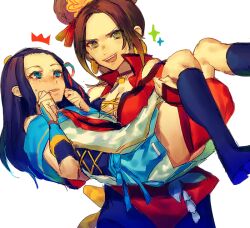 Rule 34 | anago (tokyo retro gokko), black hair, blue eyes, blush, breasts, brown eyes, brown hair, carrying, carrying person, cleavage, earrings, hayakawa-dono, japanese clothes, jewelry, kaihime, kimono, legs, long hair, necklace, obi, parted bangs, ponytail, sash, sengoku musou, smile, sparkle