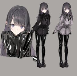 1girl black_bodysuit black_dress black_hair blush bodysuit bodysuit_under_clothes breasts closed_mouth colored_inner_hair dress earrings frilled_dress frills gloves grey_dress highres jewelry kurokawa_miu_(yd) latex latex_bodysuit latex_gloves long_sleeves looking_at_viewer multicolored_hair original platform_heels puffy_sleeves purple_eyes purple_hair short_dress simple_background solo spiked_ear_piercing standing wedge_heels yd_(orange_maru)