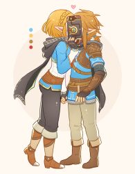 1boy 1girl absurdres black_cape black_pants blonde_hair blue_shirt boots brown_background brown_boots brown_hair brown_pants cape champion&#039;s_tunic_(zelda) color_guide covering_face enni full_body heart hetero highres hood hooded_cape implied_kiss link nintendo pants pointy_ears ponytail princess_zelda purah_pad shirt short_hair short_ponytail simple_background standing the_legend_of_zelda the_legend_of_zelda:_tears_of_the_kingdom