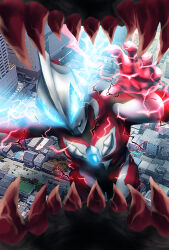 1boy absurdres alien blue_eyes building city cityscape color_timer colored_skin commentary_request electricity energy giant glowing glowing_eyes highres kaiju male_focus monster multicolored_skin no_pupils outstretched_arm outstretched_hand red_skin sharp_teeth silver_skin skull_gomora teeth tokusatsu ultra_series ultraman_geed ultraman_geed_(series) yoshifuto