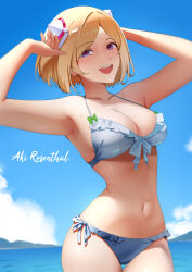 1girl absurdres aki_rosenthal aou13093 bikini blonde_hair blue_eyes breasts character_name cleavage collarbone cowboy_shot halterneck highres hololive medium_breasts ocean open_mouth short_hair side-tie_bikini_bottom solo string_bikini swimsuit virtual_youtuber white_bikini