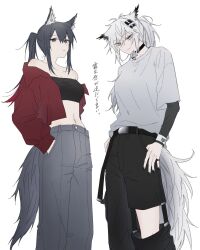 2girls animal_ear_fluff animal_ears arknights bandeau bare_shoulders belt belt_buckle black_bandeau black_belt black_choker black_eyes black_hair black_nails black_pants black_tail breasts buckle choker cleavage closed_mouth crop_top fingernails grey_eyes grey_hair grey_pants grey_shirt grey_tail hair_between_eyes hair_ornament hairclip hands_in_pockets highres lappland_(arknights) long_hair long_sleeves looking_at_viewer medium_breasts midriff multicolored_eyes multicolored_hair multiple_girls nail_polish navel notf_404 off_shoulder pants ponytail red_hair red_shirt scar scar_across_eye scar_on_face shirt simple_background smile split_mouth standing streaked_hair t-shirt tail texas_(arknights) two-tone_eyes white_background wolf_ears wolf_girl wolf_tail yellow_eyes