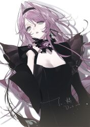 1girl a0akumu black_dress breasts cleavage dress english_text flower grey_eyes hand_up highres looking_at_viewer medium_breasts original parted_lips purple_flower purple_hair purple_rose rose signature solo upper_body watermark