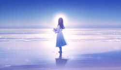 1girl amenomori_howa artist_name beach black_hair blue_sky bouquet clear_sky commentary_request day dress flower from_behind highres holding holding_bouquet horizon long_hair long_sleeves no_shoes ocean original outdoors scenery shore sky socks solo sparkle standing sun water white_dress white_socks wide_shot