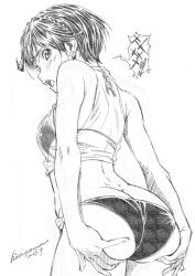 1girl angry ass ass_support back bikini braid breasts butt_crack copyright_request dead_or_alive dead_or_alive_xtreme dead_or_alive_xtreme_venus_vacation dimples_of_venus from_behind greyscale hiragoma looking_at_viewer looking_back monochrome nagisa_(doa) short_hair small_breasts solo swimsuit
