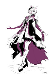 1girl absurdres animal_ears artist_name bracelet dress hair_over_one_eye high_heels highres horse_ears horse_girl horse_tail jewelry looking_at_viewer looking_down multicolored_hair multiple_bracelets purple_dress purple_eyes ringring_(artist) short_hair signature solo spot_color standing streaked_hair tail tanino_gimlet_(umamusume) torn_clothes torn_dress umamusume veil