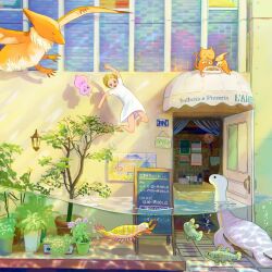 1girl animal anomalocaris awning blonde_hair cat caustics coelacanth door dress eating falling fish food highres open_door open_mouth original partially_underwater_shot pizza plant plesiosaur potted_plant pterosaur saku_onono shadow short_hair sign solo white_dress wide_shot