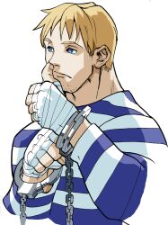 1boy bengus blonde_hair blue_eyes cody_travers cuffs game_cg hand_wraps handcuffs highres male_focus muscular non-web_source official_art portrait prison_clothes short_hair simple_background solo street_fighter street_fighter_zero_(series) upper_body white_background