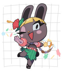 1girl animal_crossing animal_ears animal_nose blonde_hair bonbon_(animal_crossing) commentary_request flower flower_necklace full_body furry furry_female grass_skirt grid_background hair_flower hair_ornament hibiscus hula jewelry kopa_nishikida lei looking_at_viewer necklace nintendo one_eye_closed open_mouth rabbit_ears rabbit_girl rabbit_tail sandals short_hair smile solo standing tail